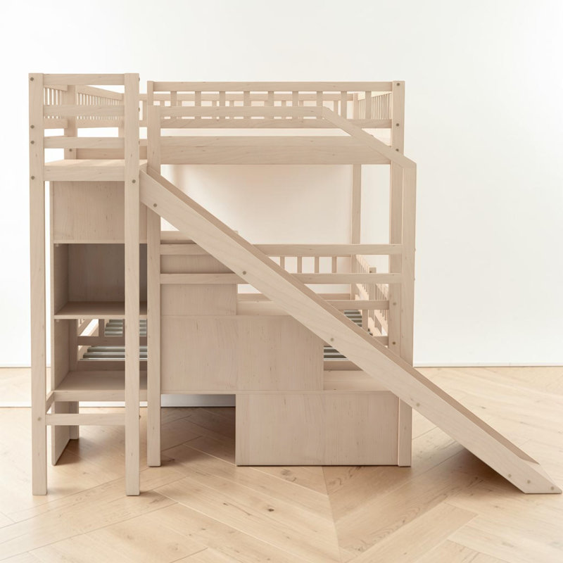 Lit superposé double au dessus d'un lit double avec escalier de rangement, glissade et 2 tiroirs, contemporain, chambre d'enfant