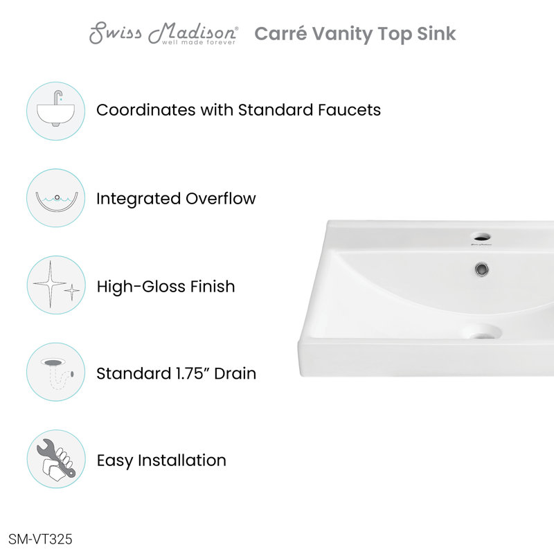 Swiss Madison 24" White Ceramic Vanity Top Bathroom Sink
