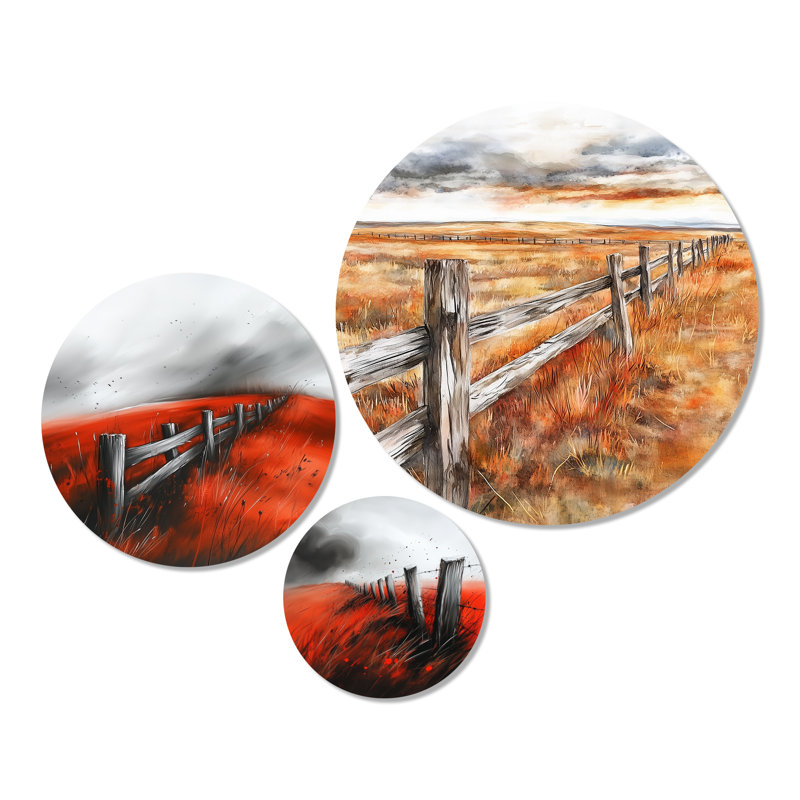 Clôture en bois le long des champs d'automne - ensemble d'art mural en métal orange 3 pièces