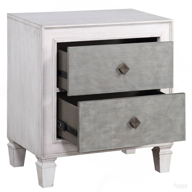 Table de chevet 2 tiroirs gris rustique et blanc vieilli