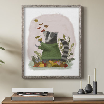 Raccoon Catching Leaves Framed Print - Solid Wood