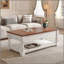 Table basse à plateau relevable rétro avec rangement pour le salon, compartiment caché et tablette inférieure, finition espresso et blanc vieilli-130020432