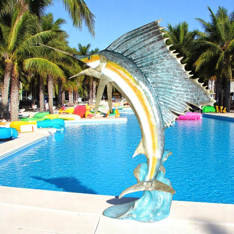 Grande statue de fontaine en bronze avec 4 fontaines Mahi Mahi, sculpture intemporelle moderne, l 90 po x l 34 po x H 90 po
