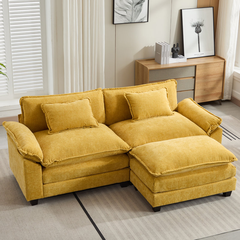 Arale 86'' Wide Comfy Cloud Couch Sectional Loveseat Sofa With Ottoman, Green Chenille