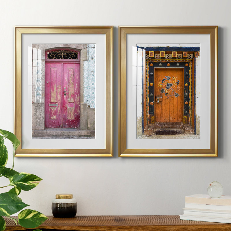 Porte portugaise - ensemble de 2 reproductions de photos, H 18,5 po x l 49 po x P 1,5 po, Papier encadré doré, Blanc