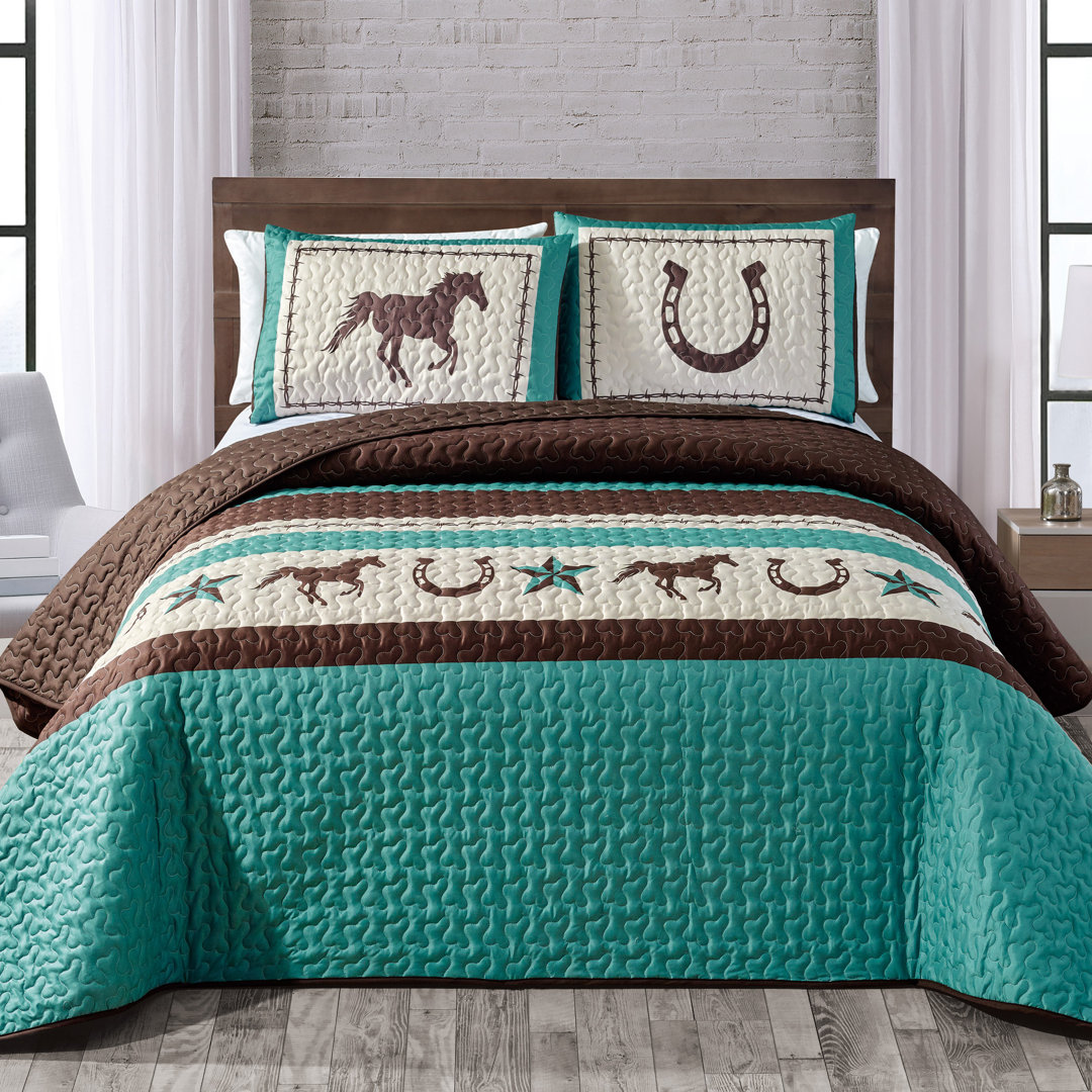  Teal Horseshoe, Horse, Barb Wire Cowboy Print Bedspread 3 Piece Southwestern Cabin Lodge Design Coverlet Quilt Set- JENA World Products Mart 