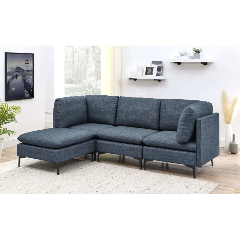 Canapé modulaire en lin rembourré avec pieds en métal, Bleu