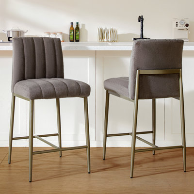 Comfortable Bar Stools Set of 2, 26” Thick Upholstered Counter Height Bar Stools with Back, Linen Counter Stools with Metal Legs for Kitchen Island, Grey