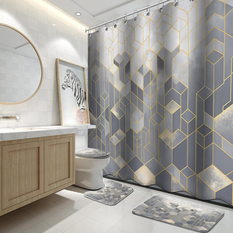 4 Piece Grey Gold Geometric Tile Bathroom Mat Kit