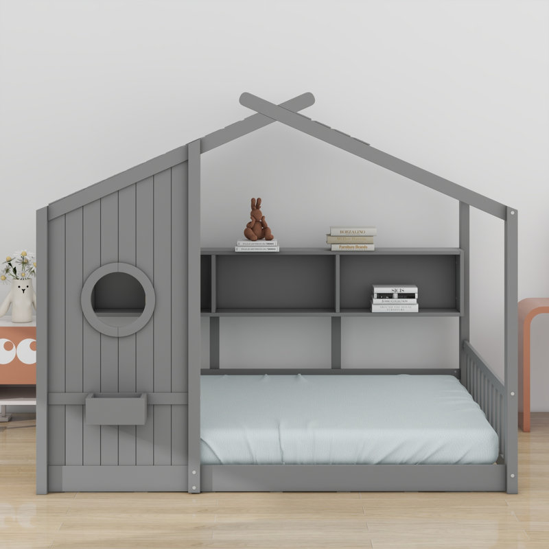 Lit sur pied avec tablette de rangement, Gris