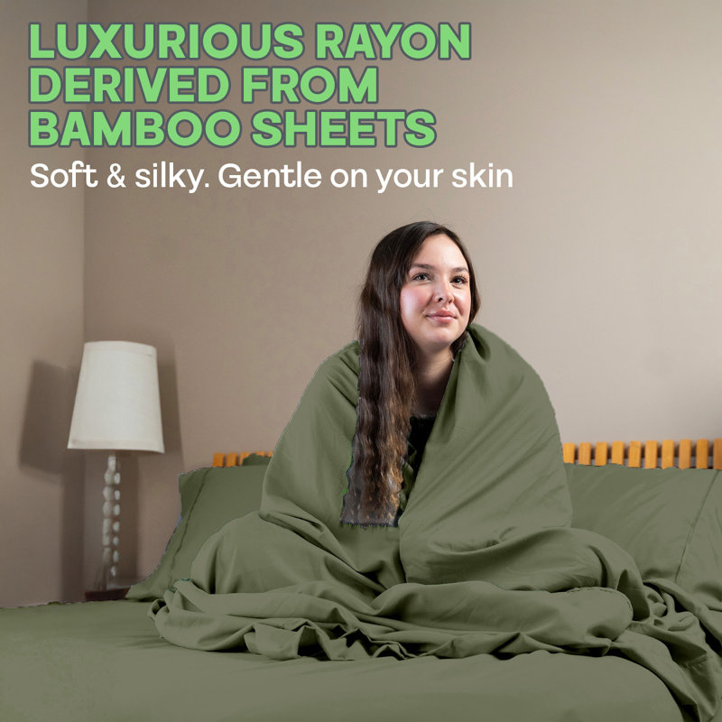 Premium Rayon From Bamboo Blend Sheet Set With Deep Pockets, Cooling and Breathable, Olive, Twin Sheet Set with 2 Pillowcases