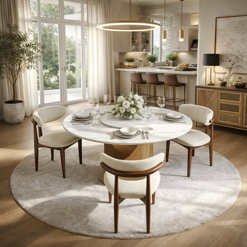 Modern Round Dining Table, Sintered Stone Tabletop With Lazy Susan, Carbon Steel Base Pre-Assembly, Glossy White