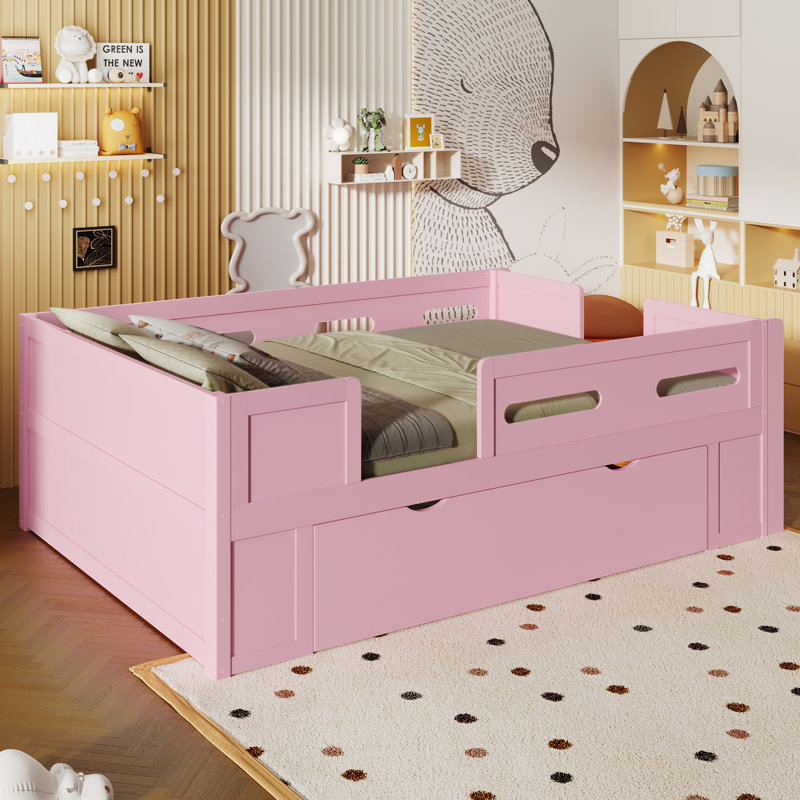Wood Full Size Platform Bed, Safety Guardrail & Large Storage Drawer, Solid Pine Wood Frame, No Box Spring Needed, Multi-Functional Kids Bed for Bedroom