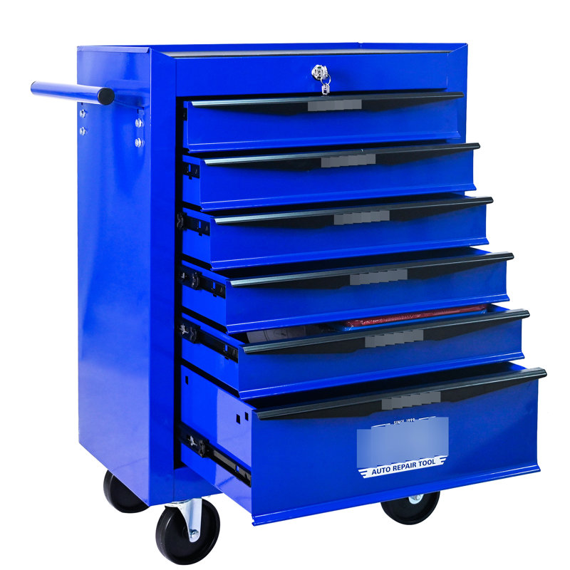 Armoire 6 coffres à outils, acier noir et bleu de 20 po, glissières de tiroir à roulement, 4 roues, verrouillable, chariot d'atelier à poignée à tirer, matériau en acier, + bleu, tiroirs, conception verrouillable