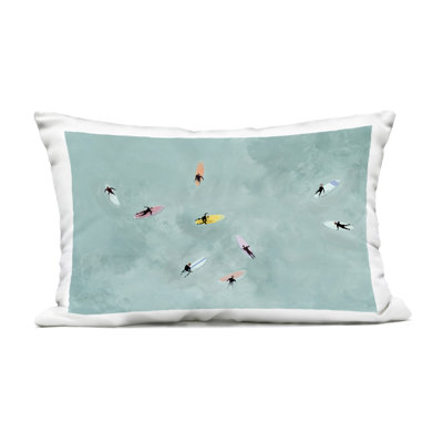 Surfers Floating On Waves Outdoor Printed Pillow design by Lily K.
