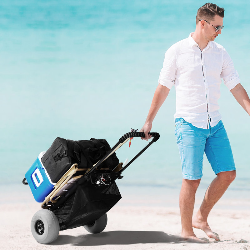 Black Steel Folding Beach Cart with Balloon Wheels