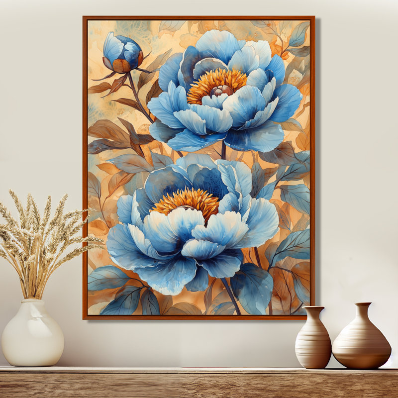 Pivoines bleues dans la basse-cour IV - pivoines, art mural, H 44 po x l 34 po, Reproduction avec cadre flottant, Brun