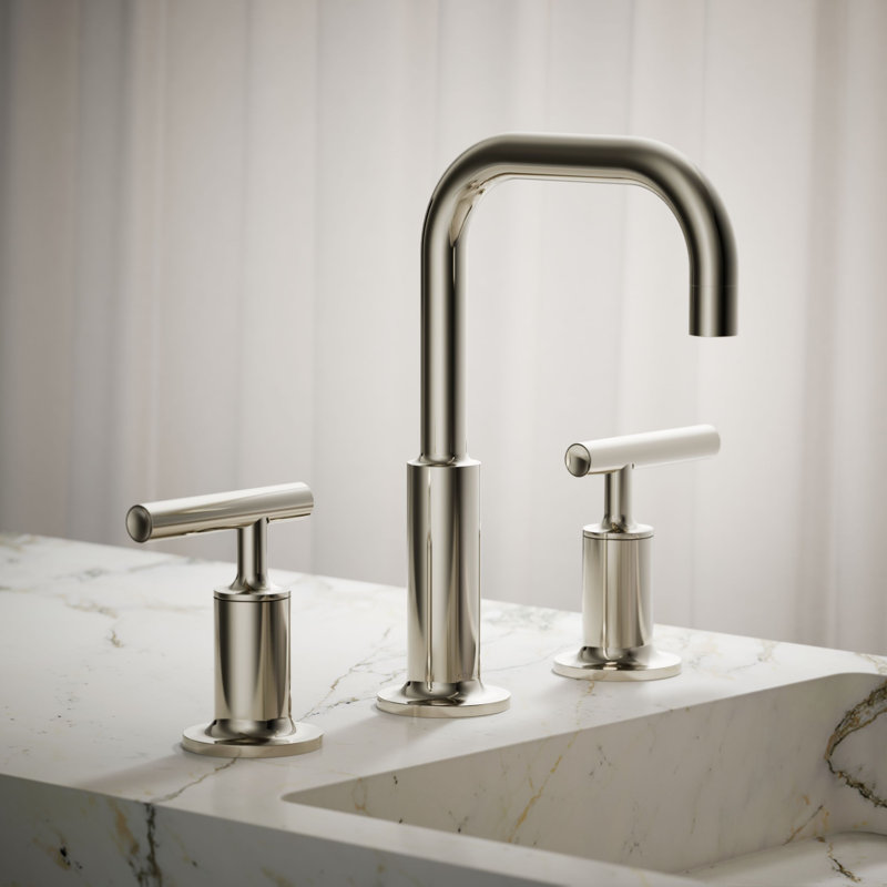 Purist® Widespread Faucet with Drain Assembly Low Lever Handles and Low Gooseneck Spout, Vibrant Polished Nickel
