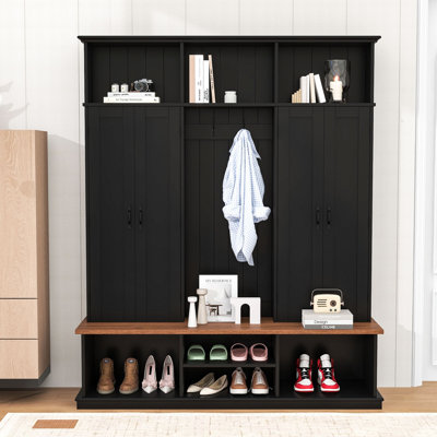Entryway Hall Tree with Bench, 3 Top Cubbies, 6 Hooks, Side Cabinets and Shoe Storage