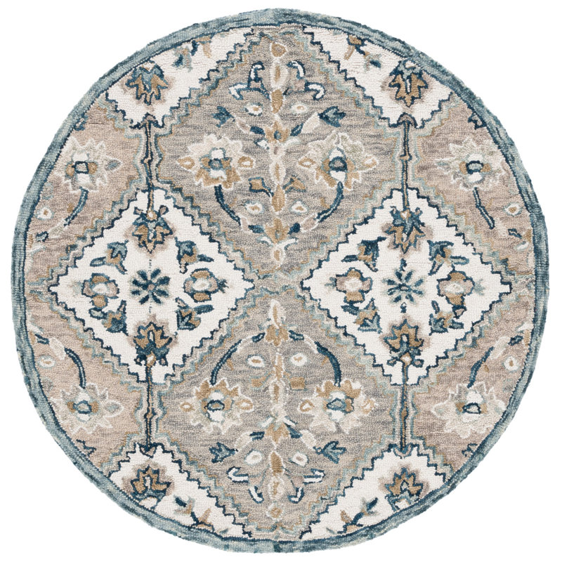 Linh Hand Tufted Wool/Cotton Patchwork Rug in White/Blue, Round 5'