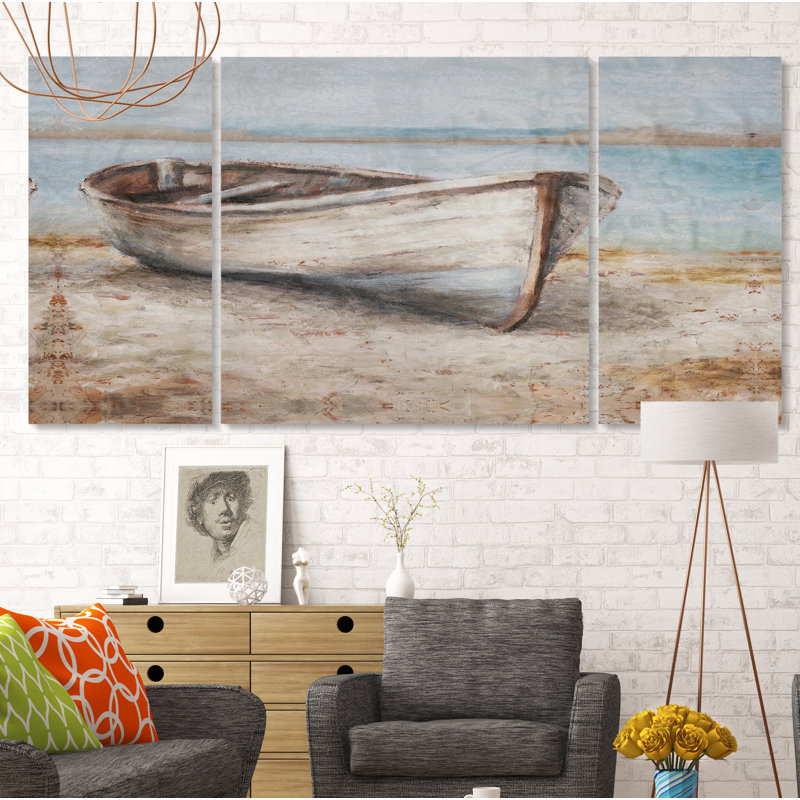 " Embellished Whitewashed Boat " 3 - Pieces, 24" H x 48" W x 1.5" D