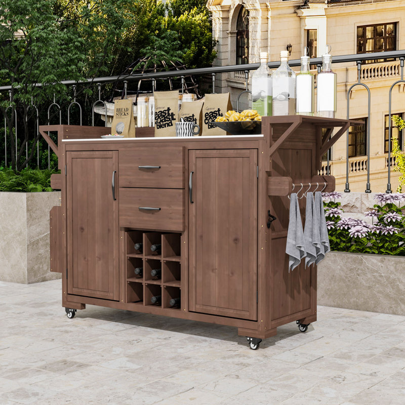 Chariot de cuisine roulant en bois de sapin avec plateau en acier inoxydable, support à vin et tablettes réglables, Brun