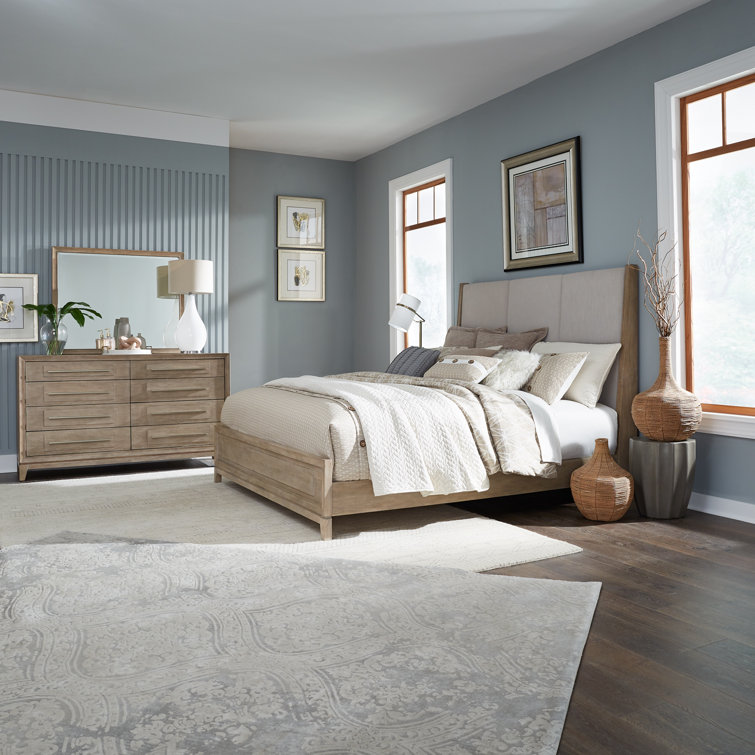 Chantee Upholstered Bed, Dresser & Mirror Set