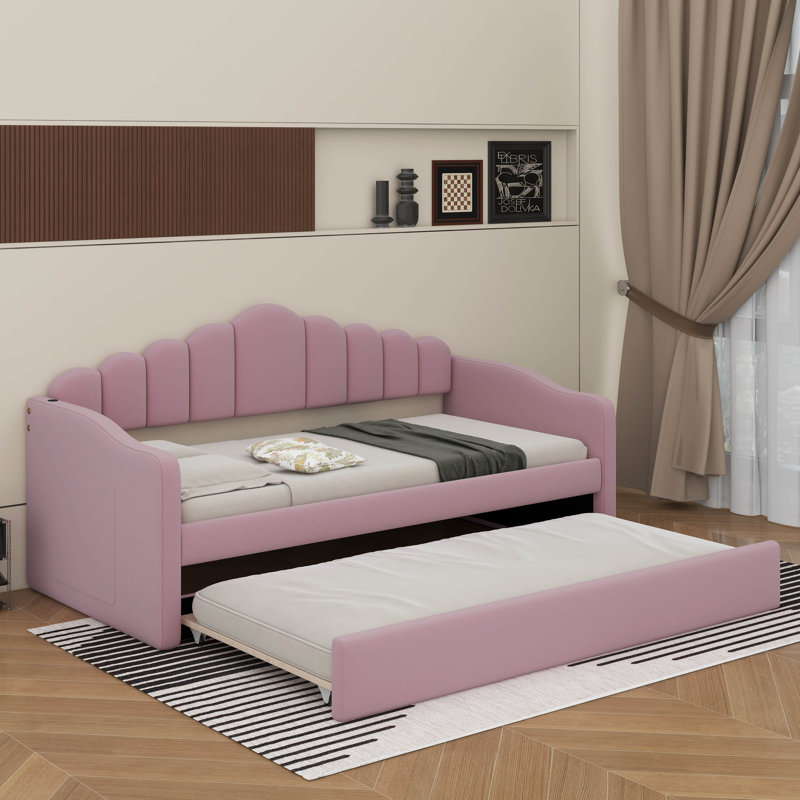Twin Size Upholstered Daybed With Trundle,Sofa Bed With USB Charging Ports