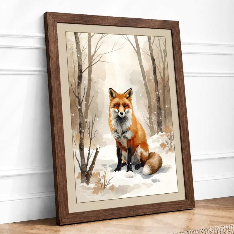 Fox in Winter Scandinavian - Framed Print, A1 - 84.1 x 59.4 cm, Walnut