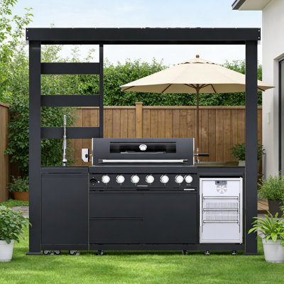 NG-94 pouces 6 brûleurs 85 000 BTU Cuisine au gaz de luxe en acier inoxydable Barbecue pour îlot de cuisine + refroidisseur à vin Réfrigérateur compact + rôtissoire + comptoirs en granit + armoires et tiroirs de rangement