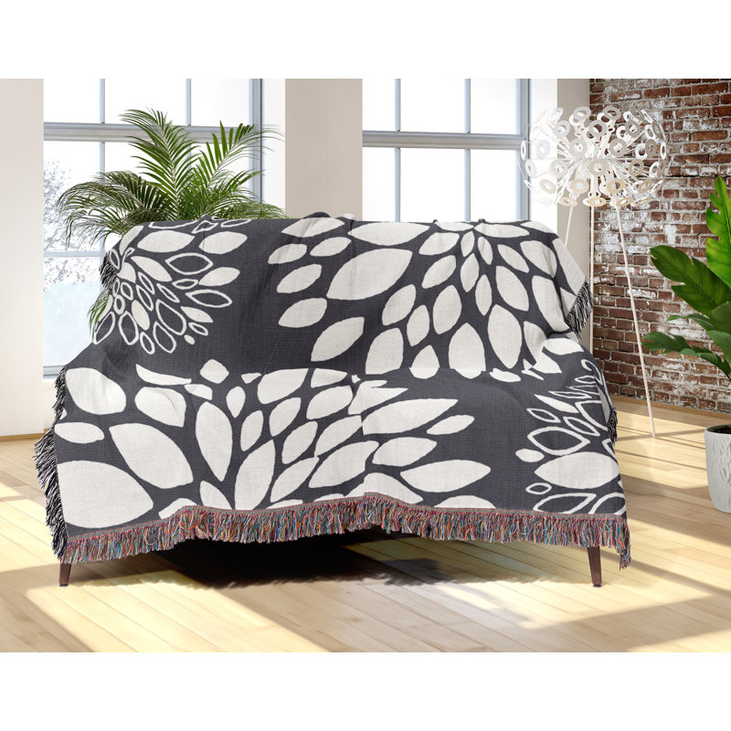 Jeté floral en coton, Gris, 50 x 60