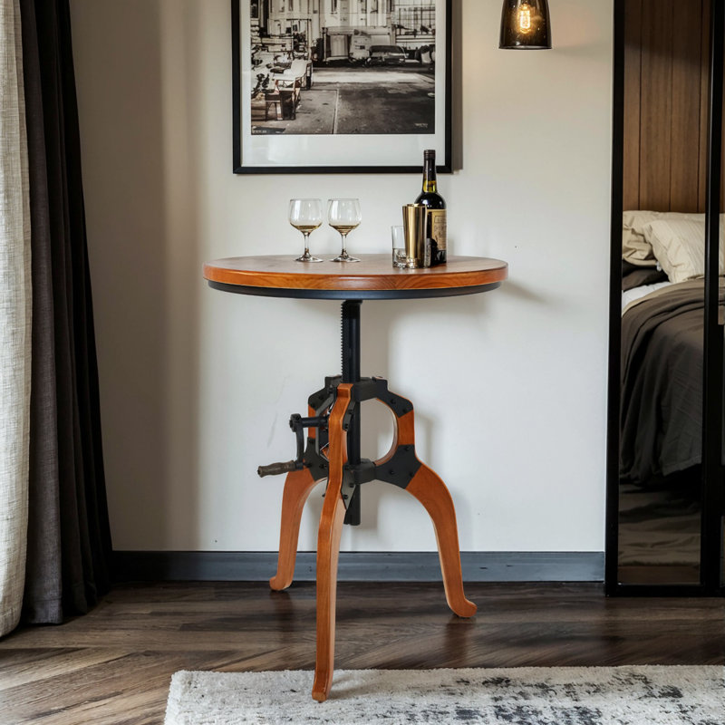 American Antique Industrial DIY Crank Table Wooden Three-Legged Table Bar Table Accent End Table, 23.62"L x 23.62"W