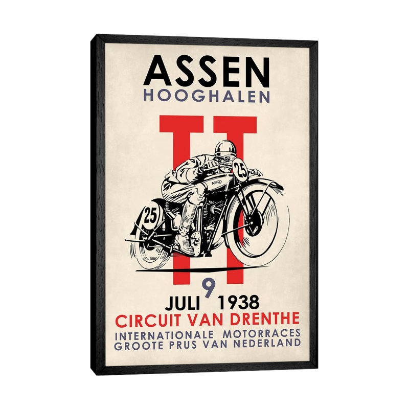 Assen TT Motorcycle Races 1938 by Mark Rogan - Print on Canvas, 66.04 cm H x 45.72 cm W, Black Framed