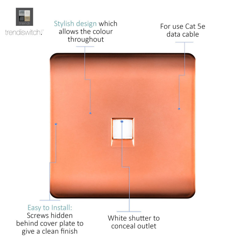 Trendi Switch 1 Gang RJ45 Cat 5e PC Ethernet Socket, Copper