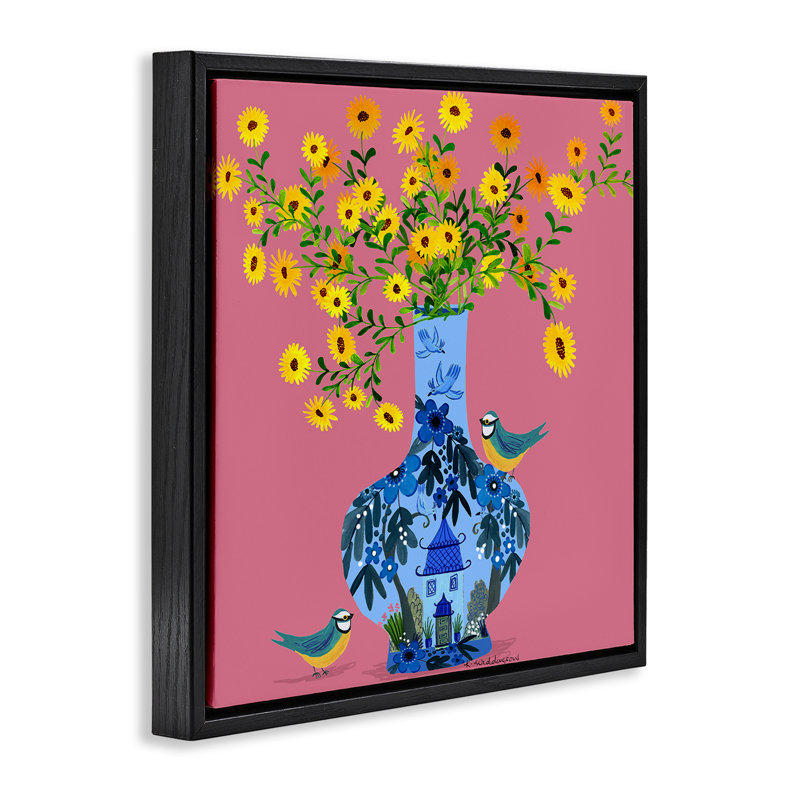Vase orné avec cadre flottant marguerites, design par Kay Widdowson, H 18 po x l 18 po, Cadre flottant noir de jais