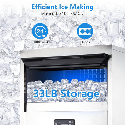 Machine à glaçons commerciale en acier inoxydable 250 W, machine à glaçons 90-120LBS / 24H avec bac de rangement 33-45LBS, épaisseur de glace réglable, autonettoyante et filtre à eau pour bar maison, 5 x 10 à 20 mm