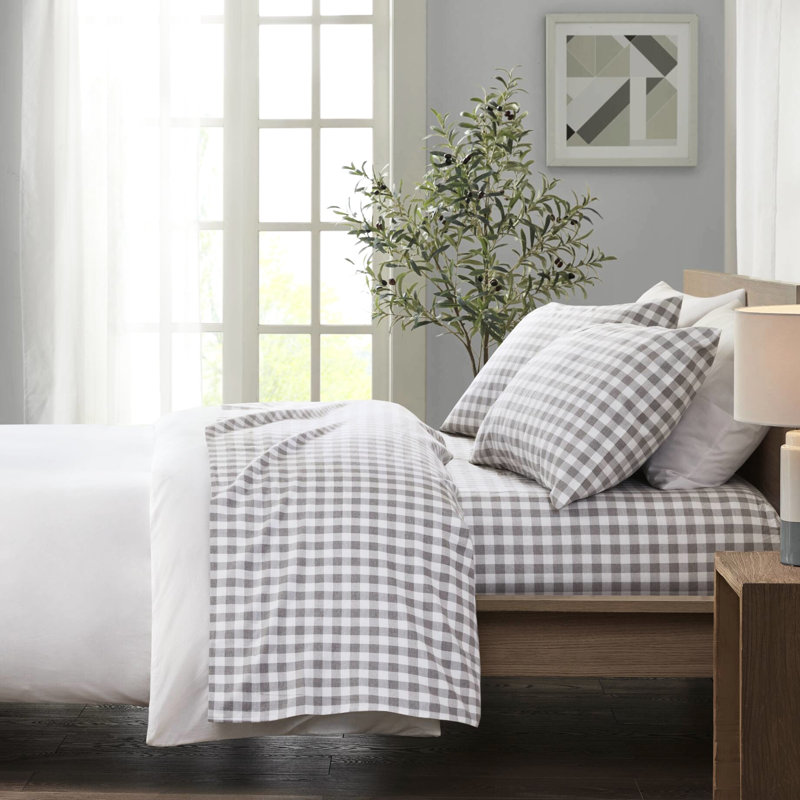 Gris à carreaux à chevrons, simple, 3 pièces, 100% flanelle de coton, drap imprimé, douillet, ultra doux, drap plat, taies d'oreiller ajustées, lavable à la machine, doux à la main, doux