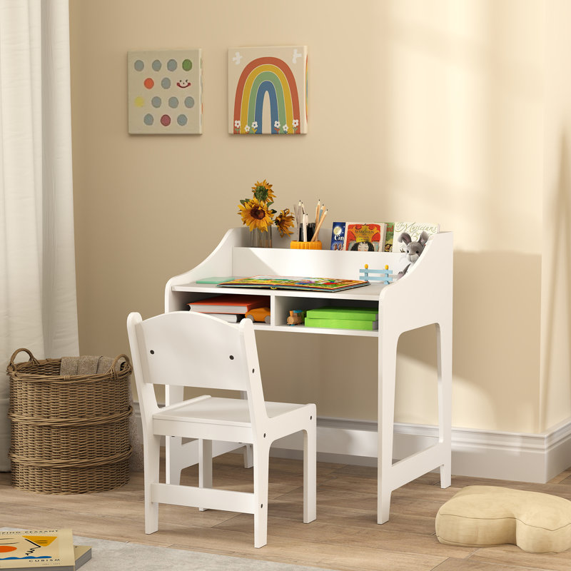 Ensemble de bureau et de chaise pour enfants, table d'étude avec tablettes de rangement, blanc