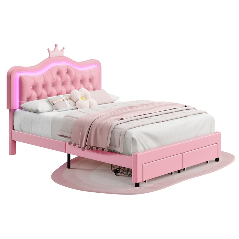 Lit plateforme tapissier en cuir Largent avec lumières DEL et tête de lit couronne blanc / rose, Rose, Double
