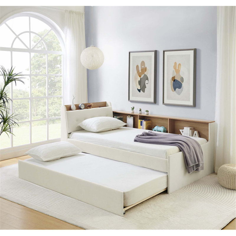 Twin Size Velvet Daybed with Adjustable Height, Storage Headboard, Trundle, LED Lights and Wireless Charging., Beige