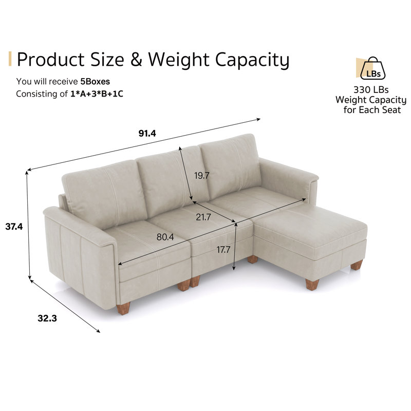 91" Modular Faux Leather Sectional Sofa With Storage Ottoman, Mid-Century Modern Reversible L-Shaped Couch With Padded Armrests, Beige