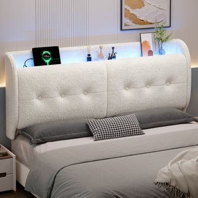 Tête de lit tapissier à oreilles avec tablette de rangement, USB et lumière ambiante