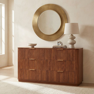 Modern 6-Drawer Dresser with Curved Wave Front, 55 Inch Wide Walnut TV Stand and Storage Cabinet for Bedroom or Living Room by Latitude Run