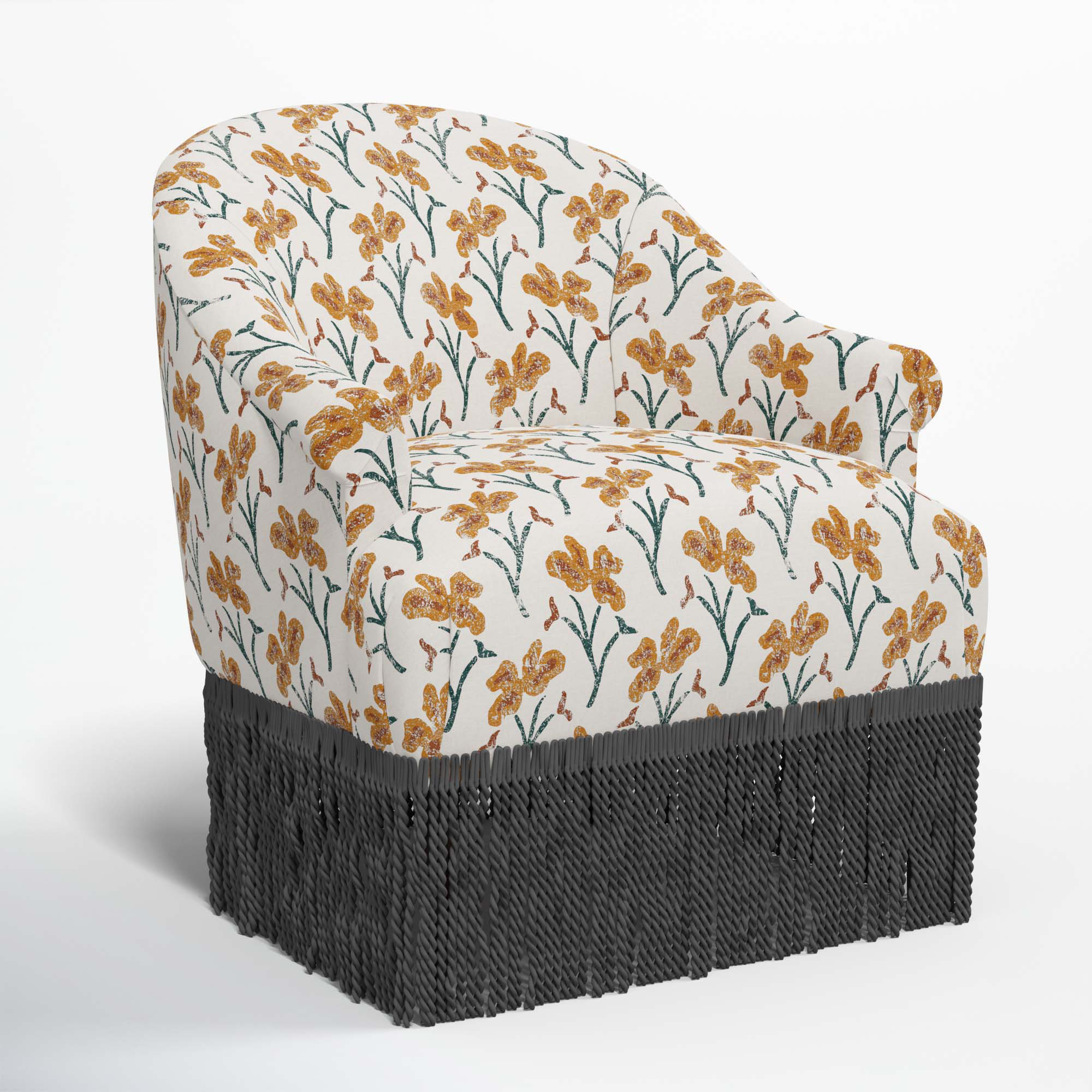 Callie Barrel Chair, Black, Vanves Floral Ochre Teal