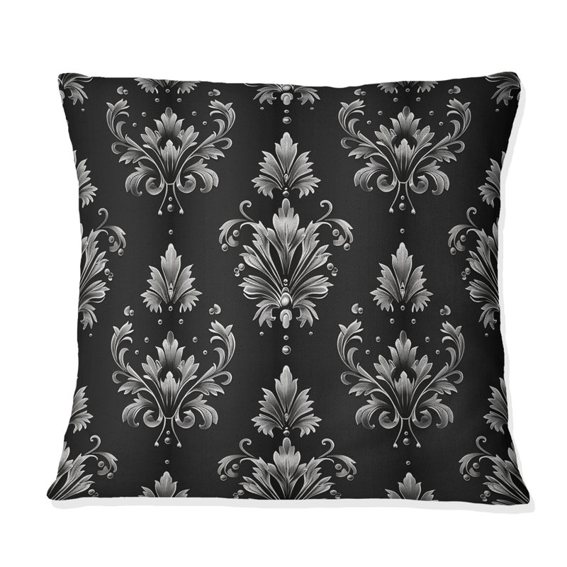 Coussin décoratif traditionnel noir et argent à motif damassé Glamour IV, H 18 po x l 18 po