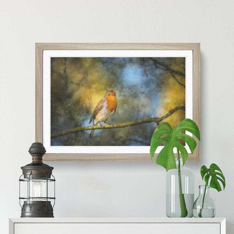 Robin Bird in a Tree - Picture Frame Painting Print on MDF, 62cm H x 87cm W x 2cm D, Oak Framed