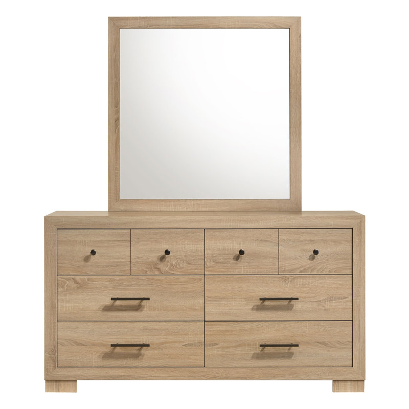 Commode Merritt en chêne clair à 6 tiroirs avec miroir assorti, ensemble de rangement pour chambre à coucher en bois d'ingénierie avec glissières métalliques
