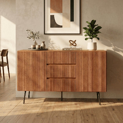 Armoire de buffet à tiroirs avec rainure et pieds en métal, armoire de rangement pour le salon, la salle à manger et l'entrée, assemblage sans effort