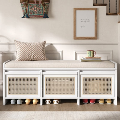 Banc de rangement pour chaussures rembourré de 48 pouces avec compartiment relevable et tiroirs en rotin