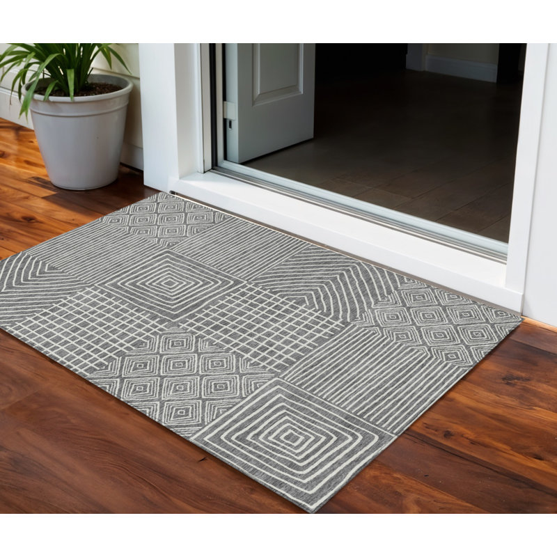 Tapis extérieur lavable à motif géométrique gris anthracite 3 pi x 5 pi